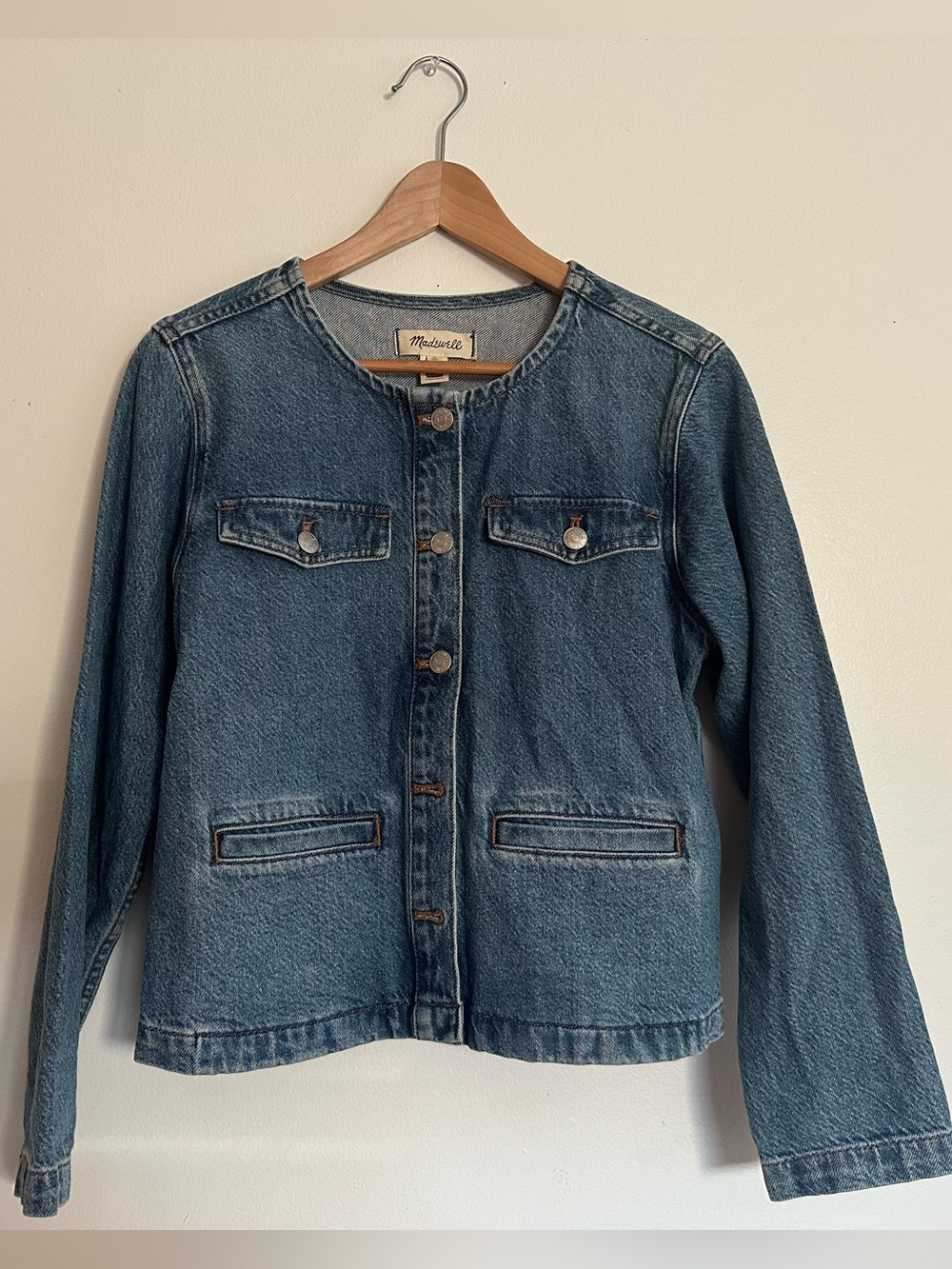 Madewell Denim Lady Jacket in Lakecourt Wash, Collarless Linen Cotton Size M